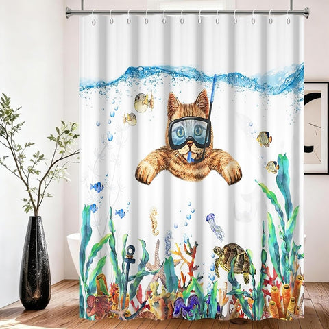 Xiaoterna Ocean Shower Curtain Bubble Marine Life Deep Sea Bathroom Curtain Cat Diving Shower Curtain Tropical Fish Turtle Shower Curtain Machine