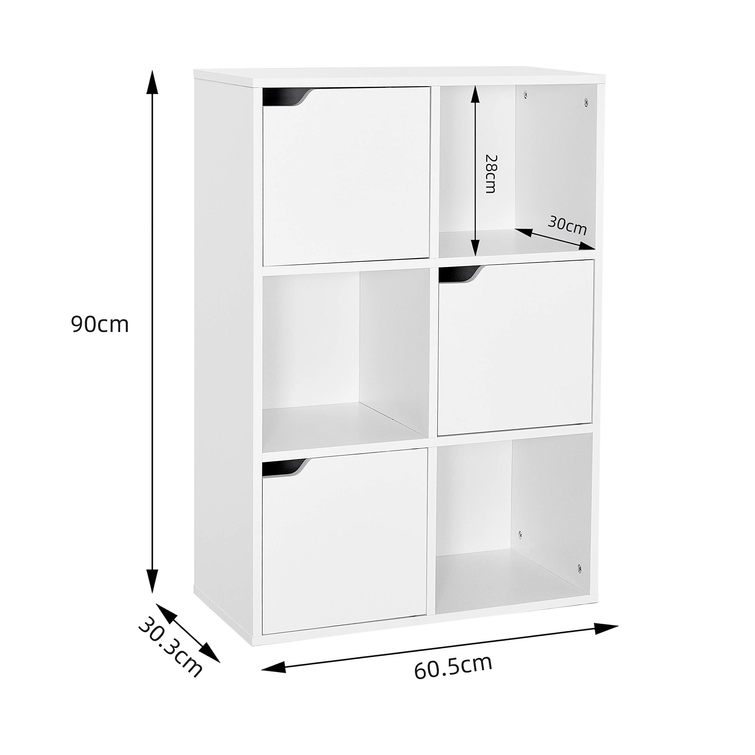 Mondeer Bookcase White, 6 Cube Storage Unit, 3-Tier Bookshelf with Doors, Wooden Shelf Organiser Display Cabinet for Living Room, Bedroom