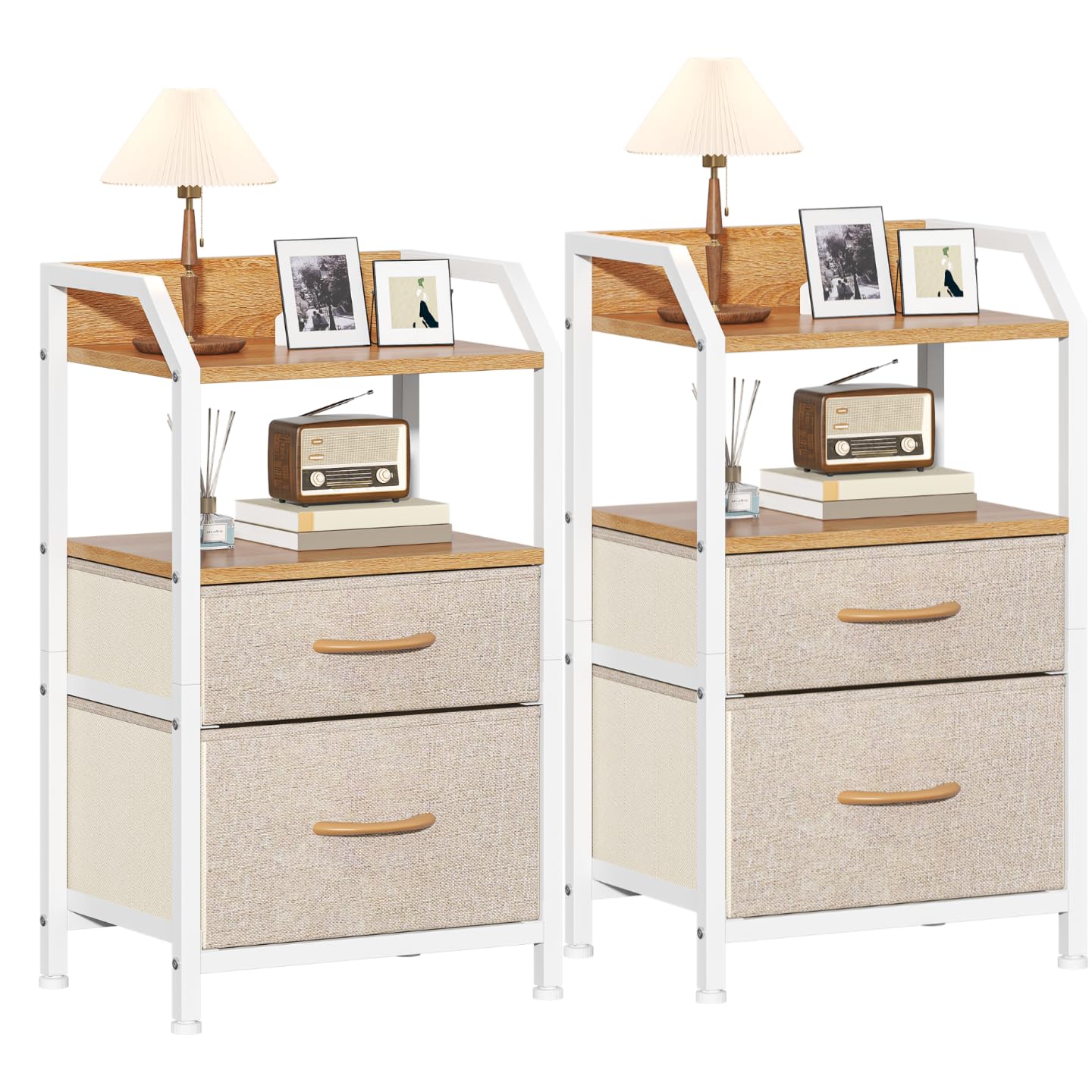 Feonase Set of 2 Bedside Table with 2 Fabric Drawers & Open Shelf - Sturdy Metal Frame Nightstand, Compact End Table for Bedroom, Living Room