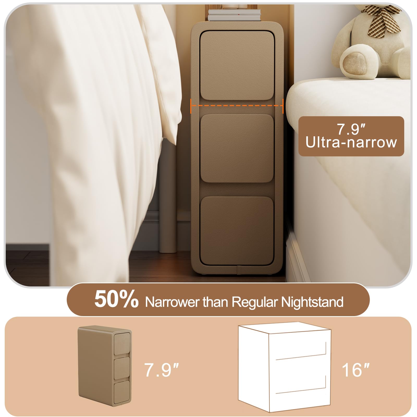 AQIMUELE Small Bedside Table, Slim Bedside Table with 3 Drawers, Assembled Narrow Side End Table with Leather Surface for Bedroom, 20cm (Khaki)