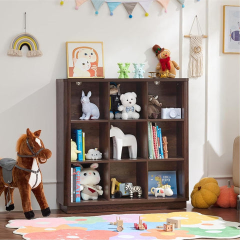 LELELINKY 9 Cube Storage Bookcase, 41" Wide Wooden Book Shelf with Thickened Base, Freestanding 3-Tier Open Book Case Unit with Curved Edge