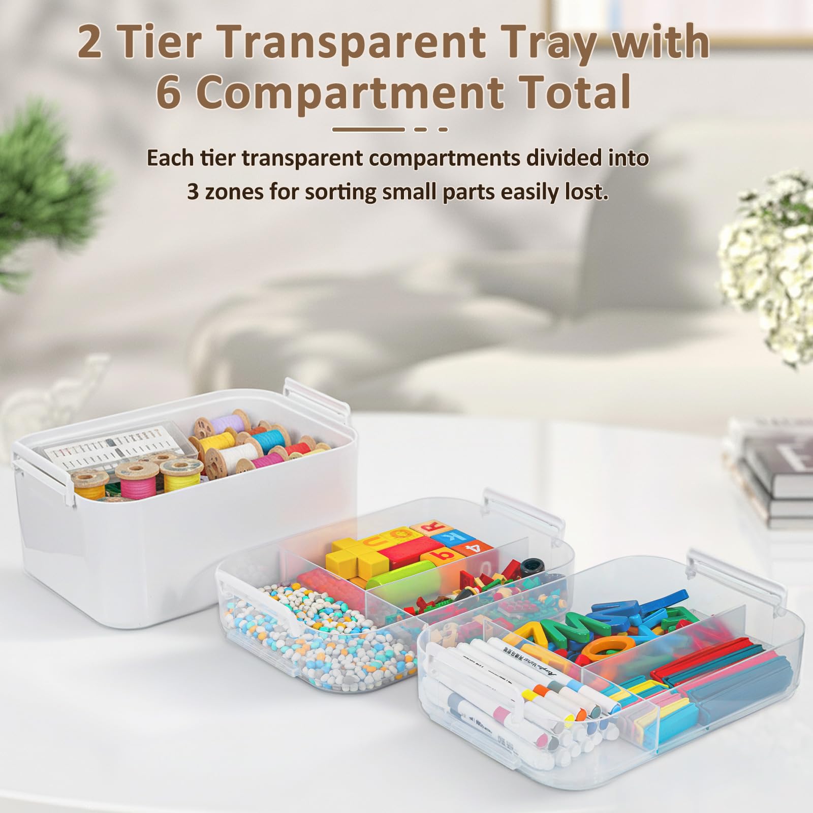 Gifhomfix 3-Layer Plastic Craft Organizers and Storage Box with Removable Trays, Storage Containers with lids and Handle