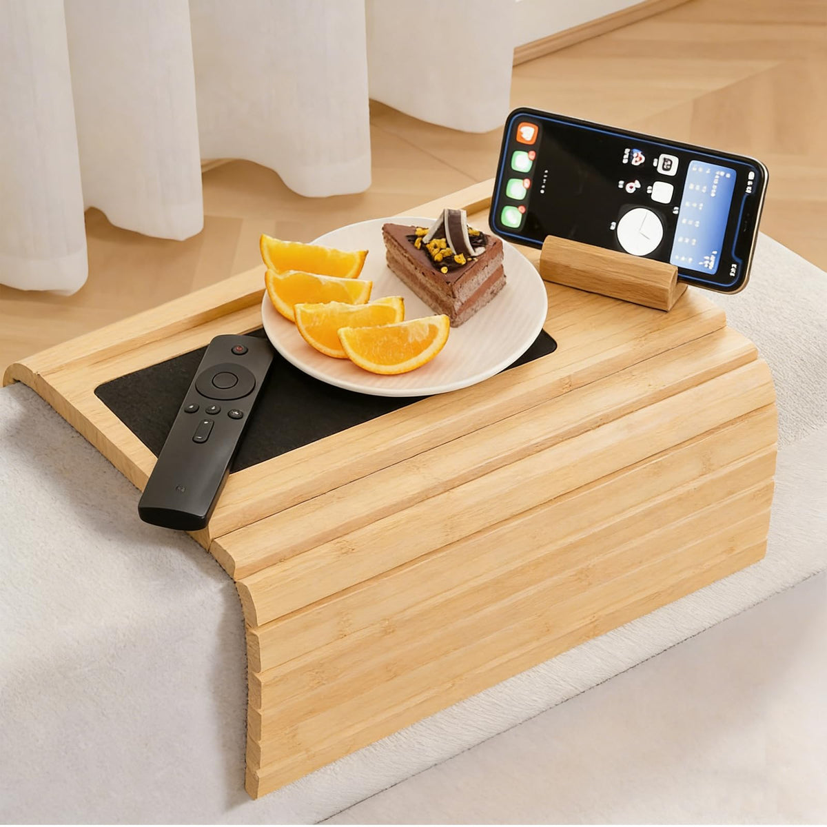 ULIKEUS Bamboo Sofa Armrest Tray Table with Rotating Mobile Holder Non Slip Foldable Couch Arm Table for Drinks Cup Cellphone Remote Snacks