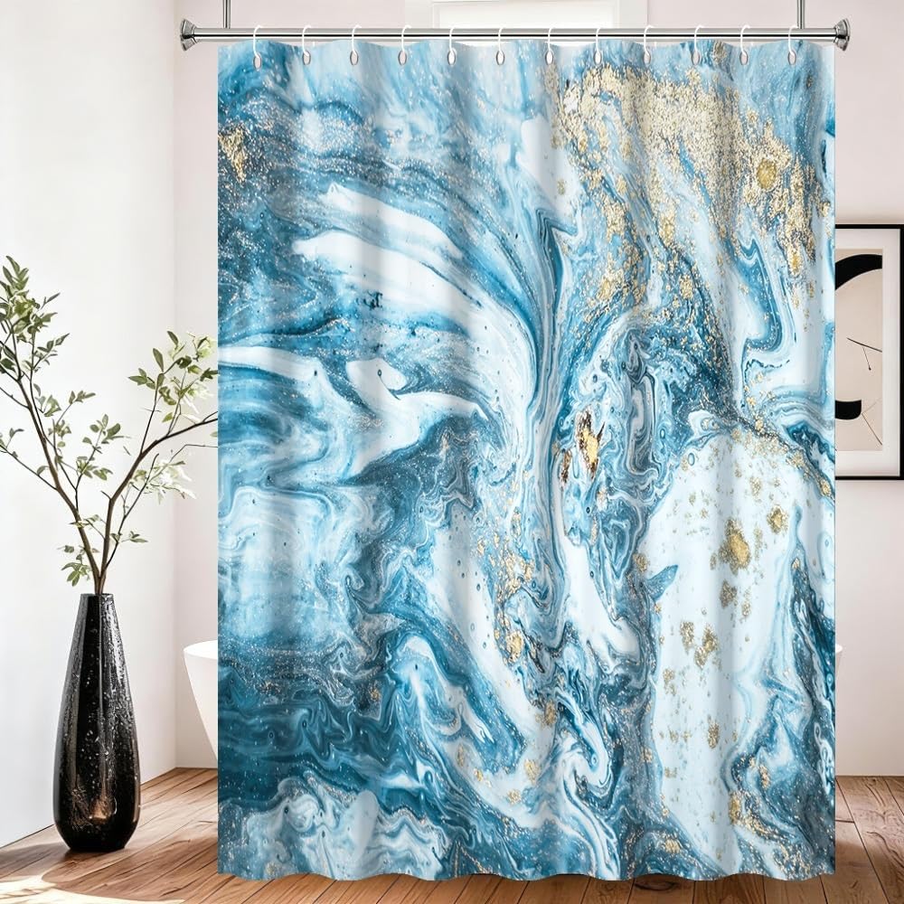 Xiaoterna Blue Marble Shower Curtain Modern Concise Design Waterproof Bathroom Curtain Abstract Contemporary Aesthetic Washable Mildew Resistant