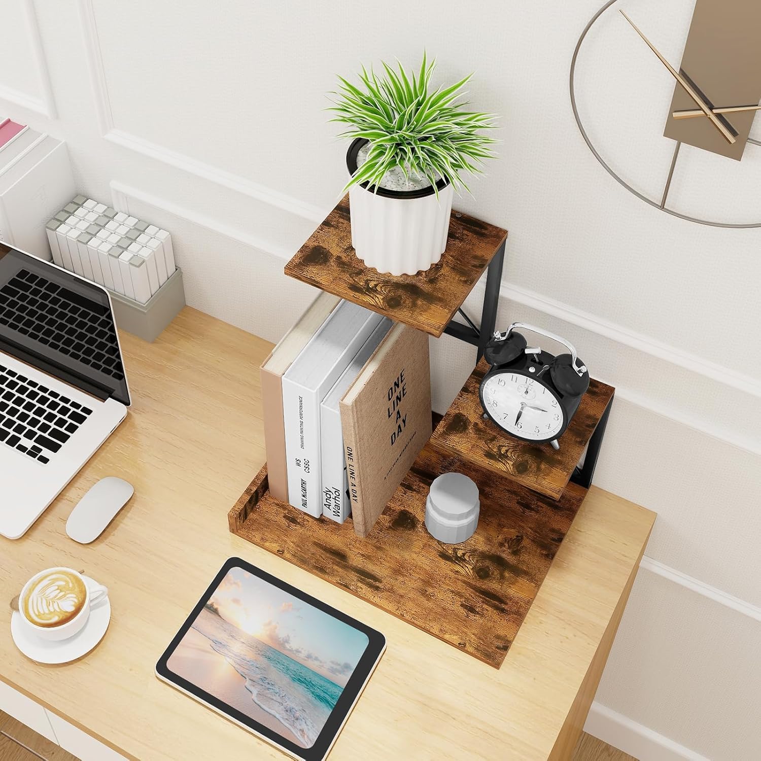 DoToGo Desk Shelf Organizer, Wood Desktop Organizer Small Bookshelf, 3 Tier Storage Shelf Riser Display Stand for Office Decor and Desk Accessories