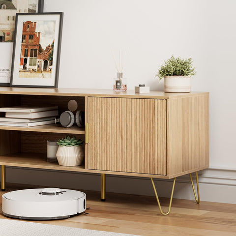 HEYZOEY Oak Fluted TV Stand, 2 Cabinets, Gold Legs, for TVs up to 65 in