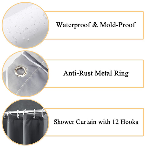 hzkais Grey Shower Curtain, Mould Proof and Mildew Resistant Washable Bathroom Curtains, Shower Curtain for Bathroom, Bath Curtains with Hooks