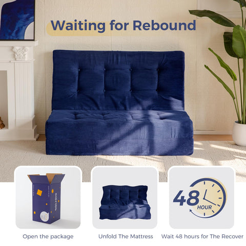 MAXYOYO Folding Mattress, Comfy Corduroy Foldable Mattress with 15cm Thicken Foam, Tri-Fold Floor Futon Sofa Bed for Guest,Dark blue,King