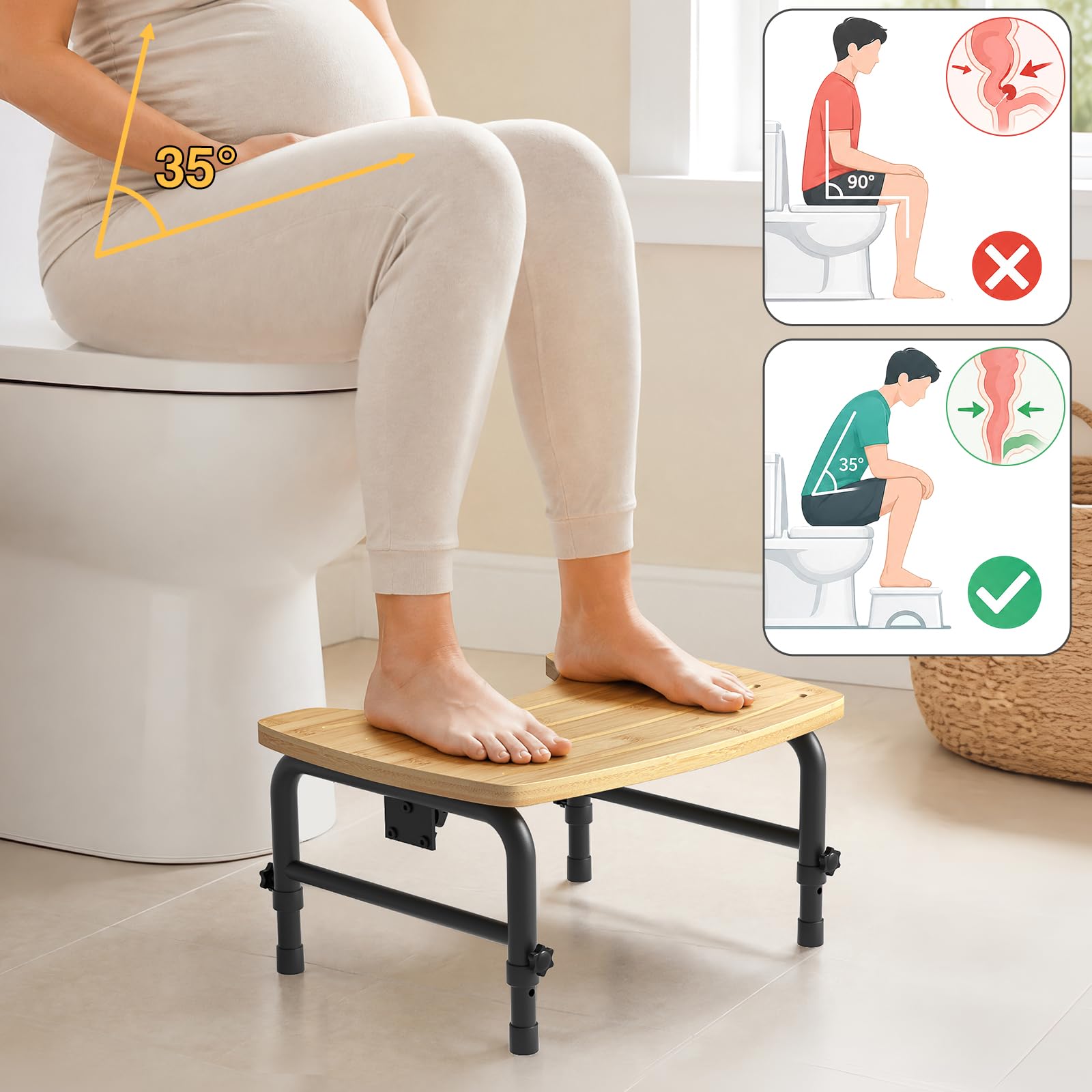 Yvsevnr Folding Squatting potty for Adult Toilet Stool, Adjustable Height 7-9 Inch, Bamboo Non-Slip Bathroom Step Stool, Squat Aid Stool for Kids