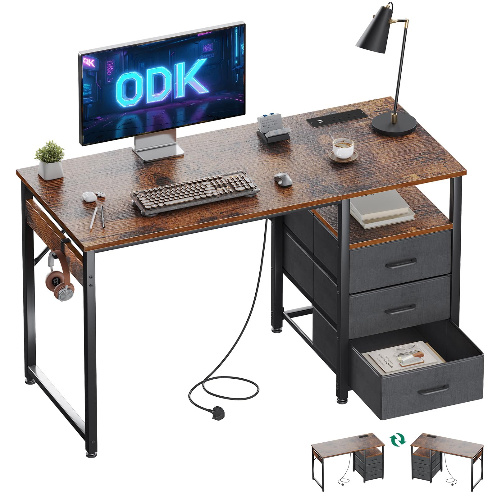 ODK Computer Desk with Drawers, 120cm Office Desk with Sockets, Brown
