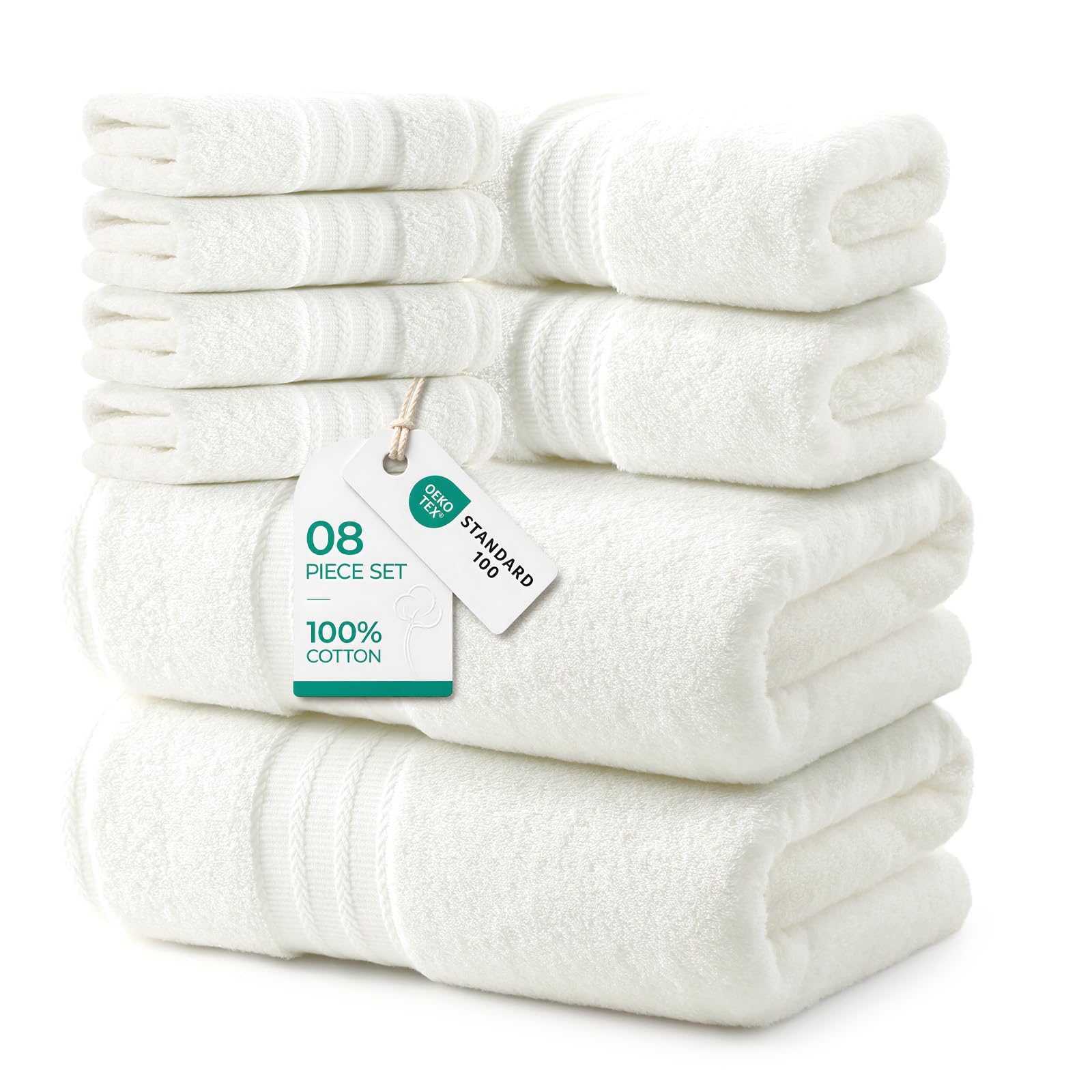 REDKISS 8 Piece Towels Set with Hanging Loop-Quick Drying & Soft, Off-White