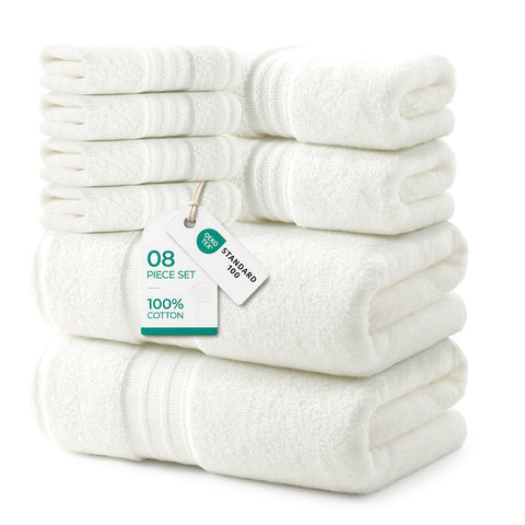 REDKISS 8 Piece Towels Set with Hanging Loop-Quick Drying & Soft, Off-White