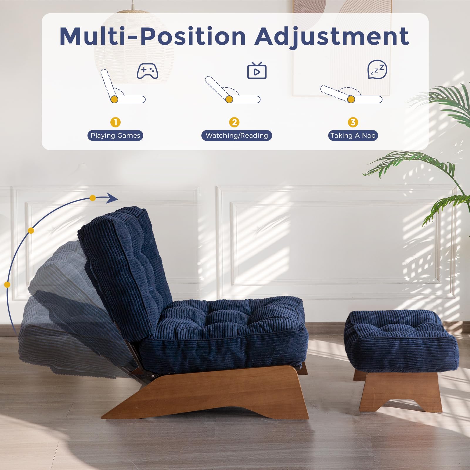 MAXYOYO Corduroy Folding Accent Chair with Footrest, Modern Upholstered Lounge Chair with Adjustable Backrest