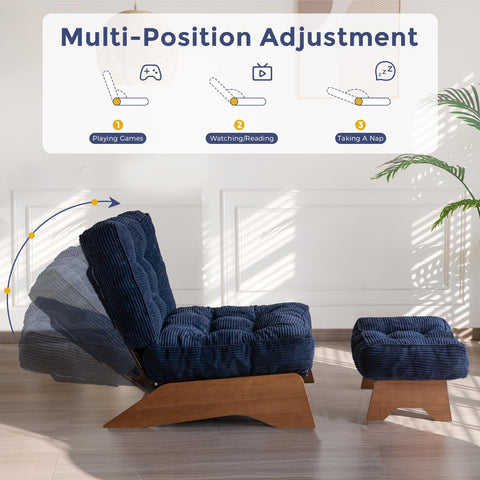 MAXYOYO Corduroy Folding Accent Chair with Footrest, Modern Upholstered Lounge Chair with Adjustable Backrest