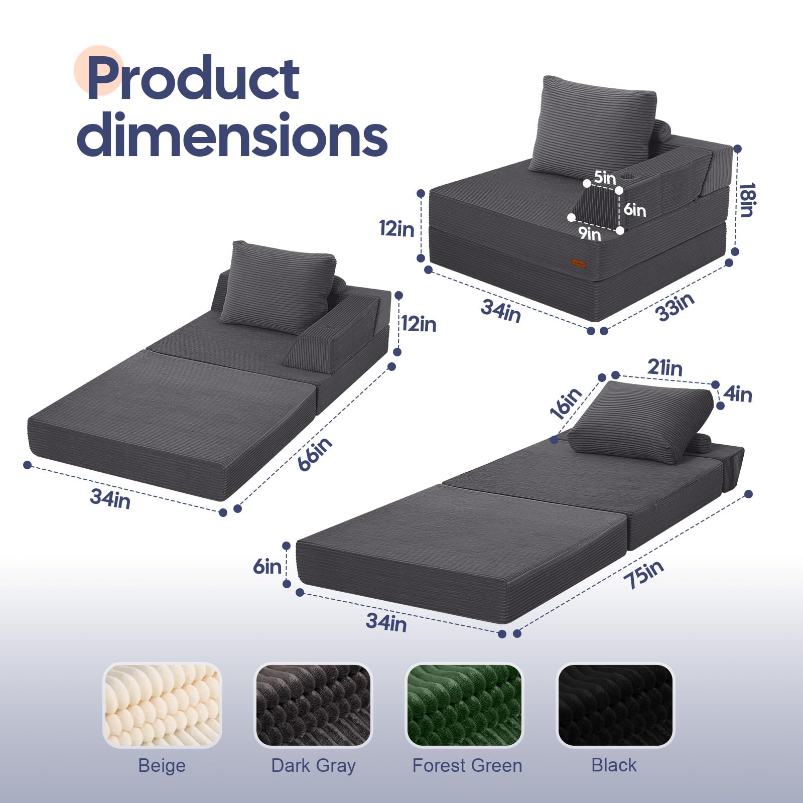 MeMoreCool Folding Sofa Bed Single, Convertible Boneless Couch with Pillow
