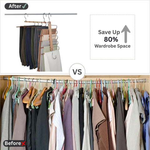 Elvora 5-Tier Beechwood Trouser Hangers – Space Saving Multi-Layer Pants Hanger for Trousers, Jeans, Skirts & Scarves