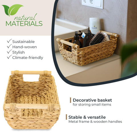 HMF Storage basket woven from water hyacinth, decorative basket with wooden handles for storage in the bathroom, living room, kitchen