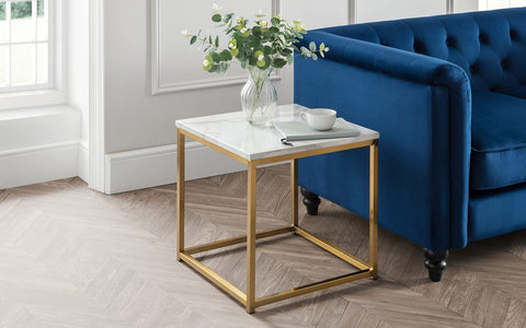 Julian Bowen Scala End Table, White Marble Effect & Gold - H50 x W50cm