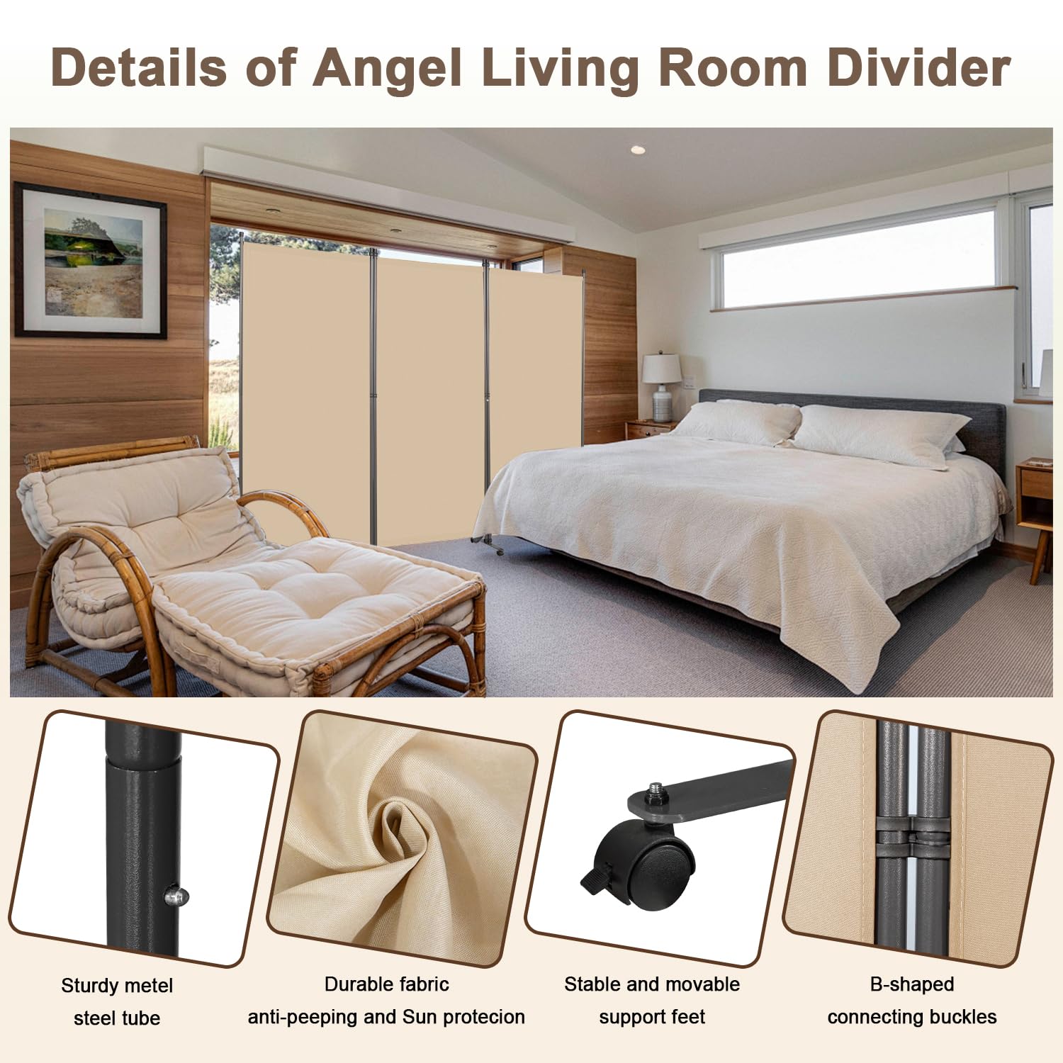 Angel Living 3 Panels Folding Room Divider, Privacy Screen Composed of Polyester Fabric and Sturdy Iron Frame