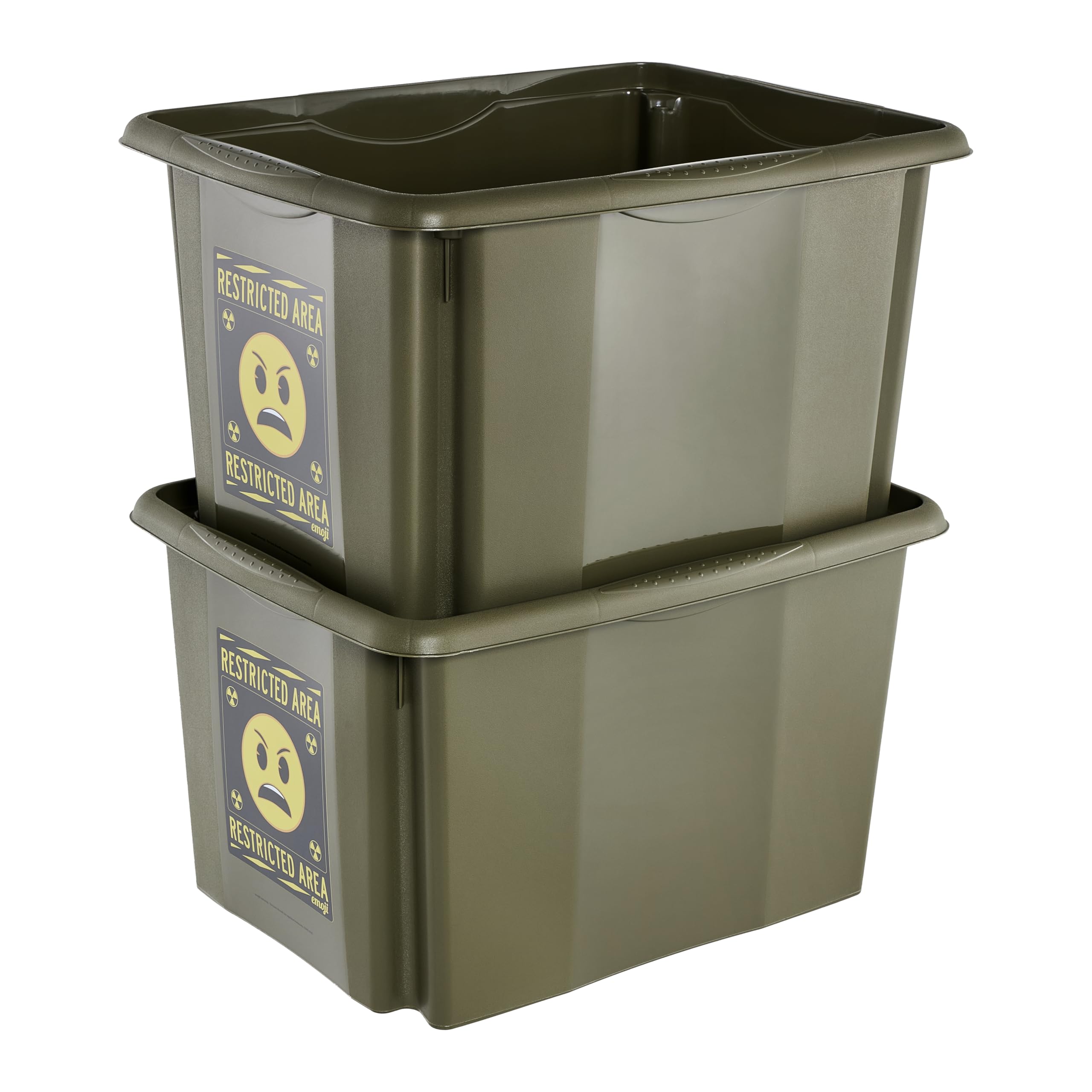 keeeper karolina storage box with lid, 30 l, stackable and nestable, Emoji Danger design, for children, olive green (olive)