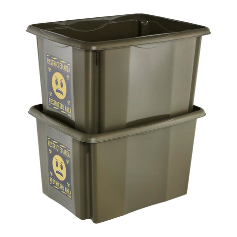 keeeper karolina storage box with lid, 30 l, stackable and nestable, Emoji Danger design, for children, olive green (olive)