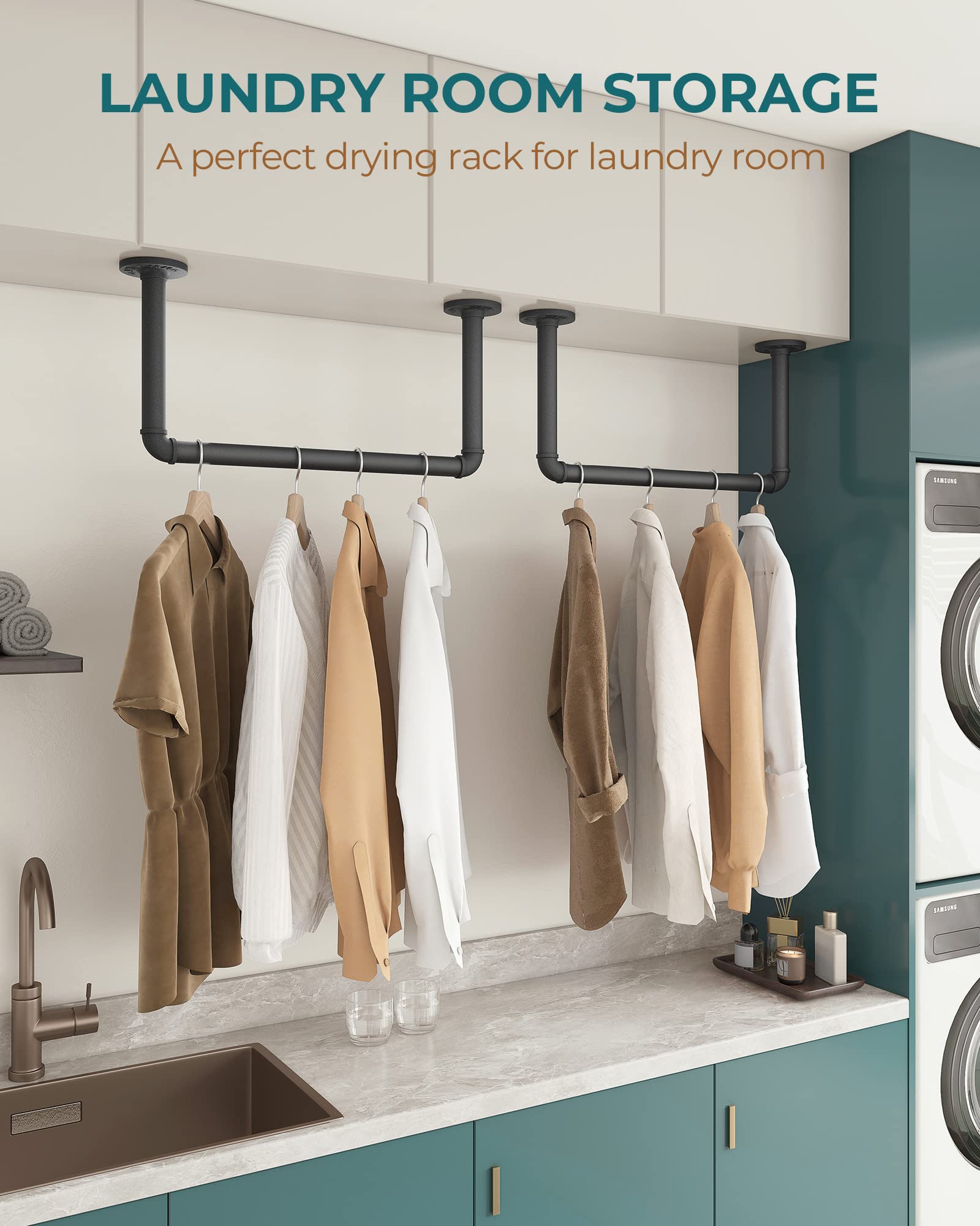 OROPY Set of 2 Wall Mounted Clothes Rail, 49cm Industrial Pipe Clothes Rack