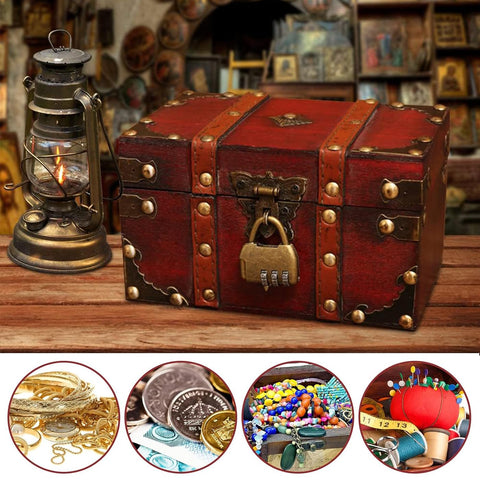 AOTOPYU Treasure Chest Children's Birthday Pirate Chest Gift Box Lockable with Lid and Lock Wooden Chest (M: 22 x 15 x 14 cm)