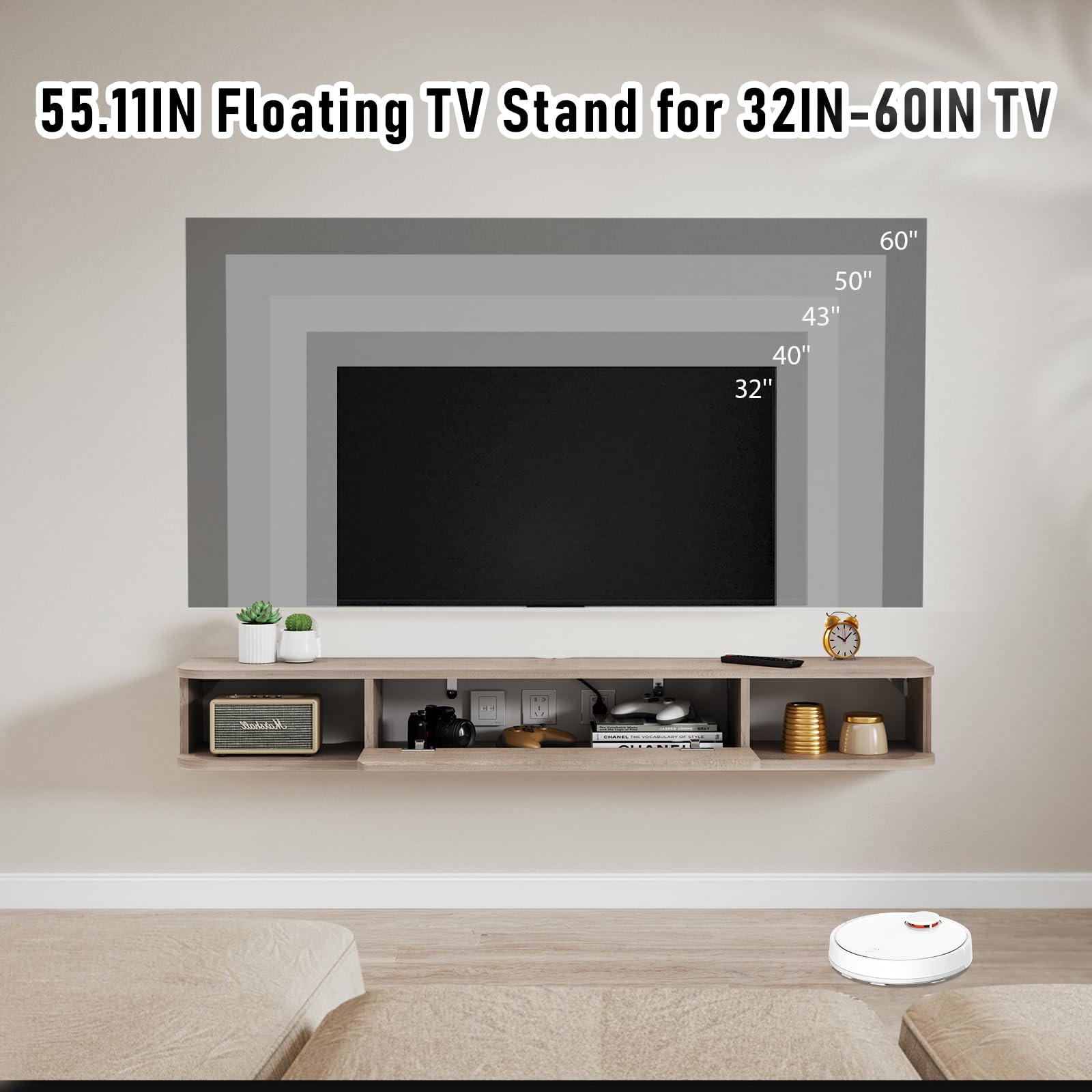 Pmnianhua Floating TV Shelf, Wall Mounted TV Cabinet, Floating Shelves with Door, Modern Entertainment Media Console Center Large Storage Under TV