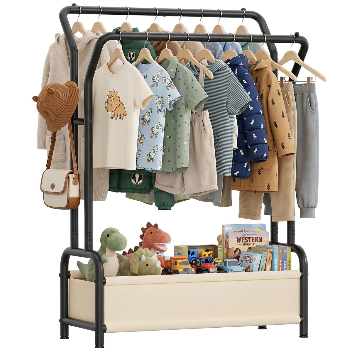 ZHKINGGS Kids Clothes Rail with Dual Rods & Storage Basket