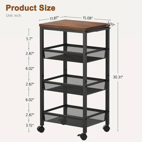 Hoctieon Rolling Storage Cart, 4-Tier Wide Panel Kitchen Storage Cart, Utility Carts with Handle & Wheels, Mobile Shelving Unit