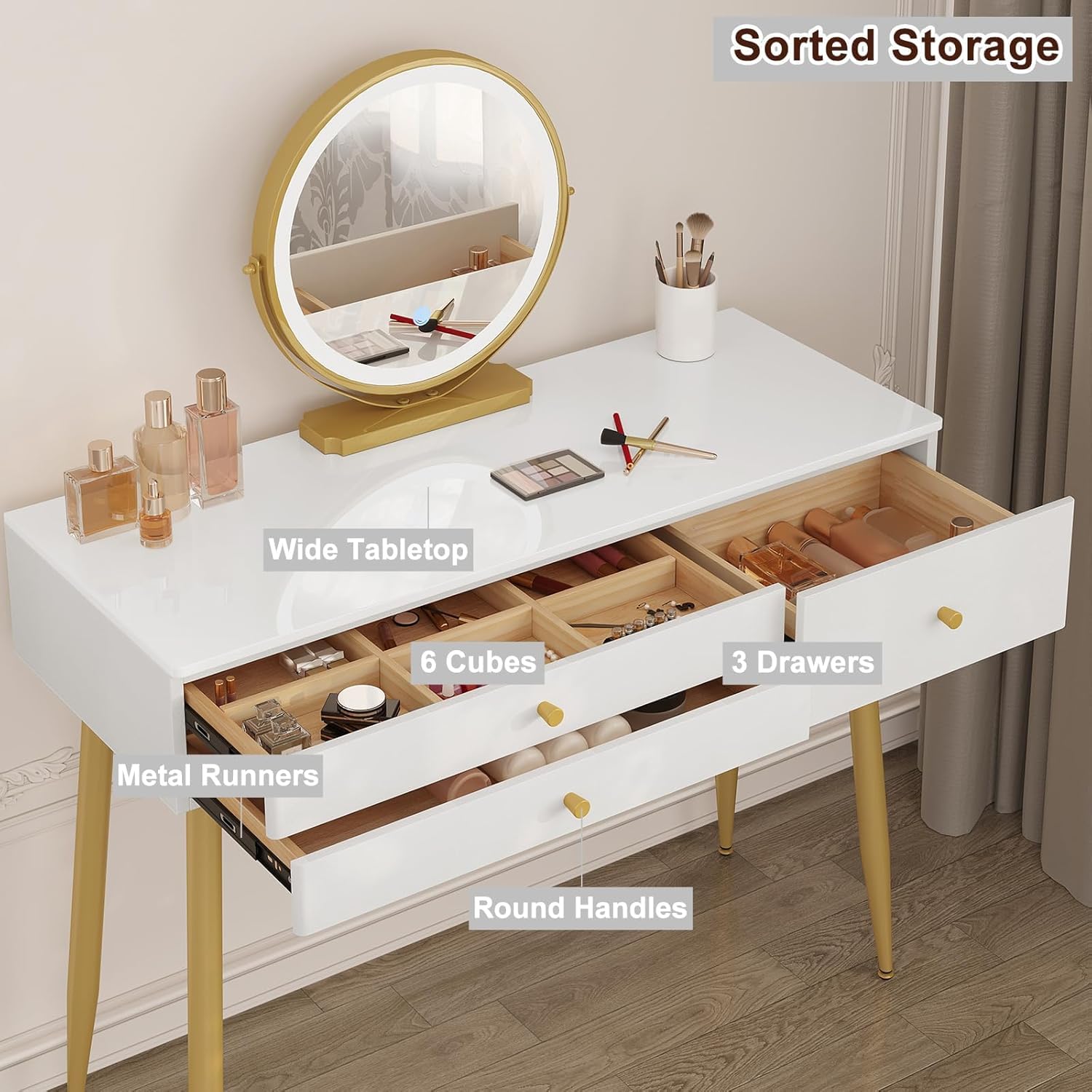 WOLTU Dressing Table with LED Mirror, Adjustable Brightness, White