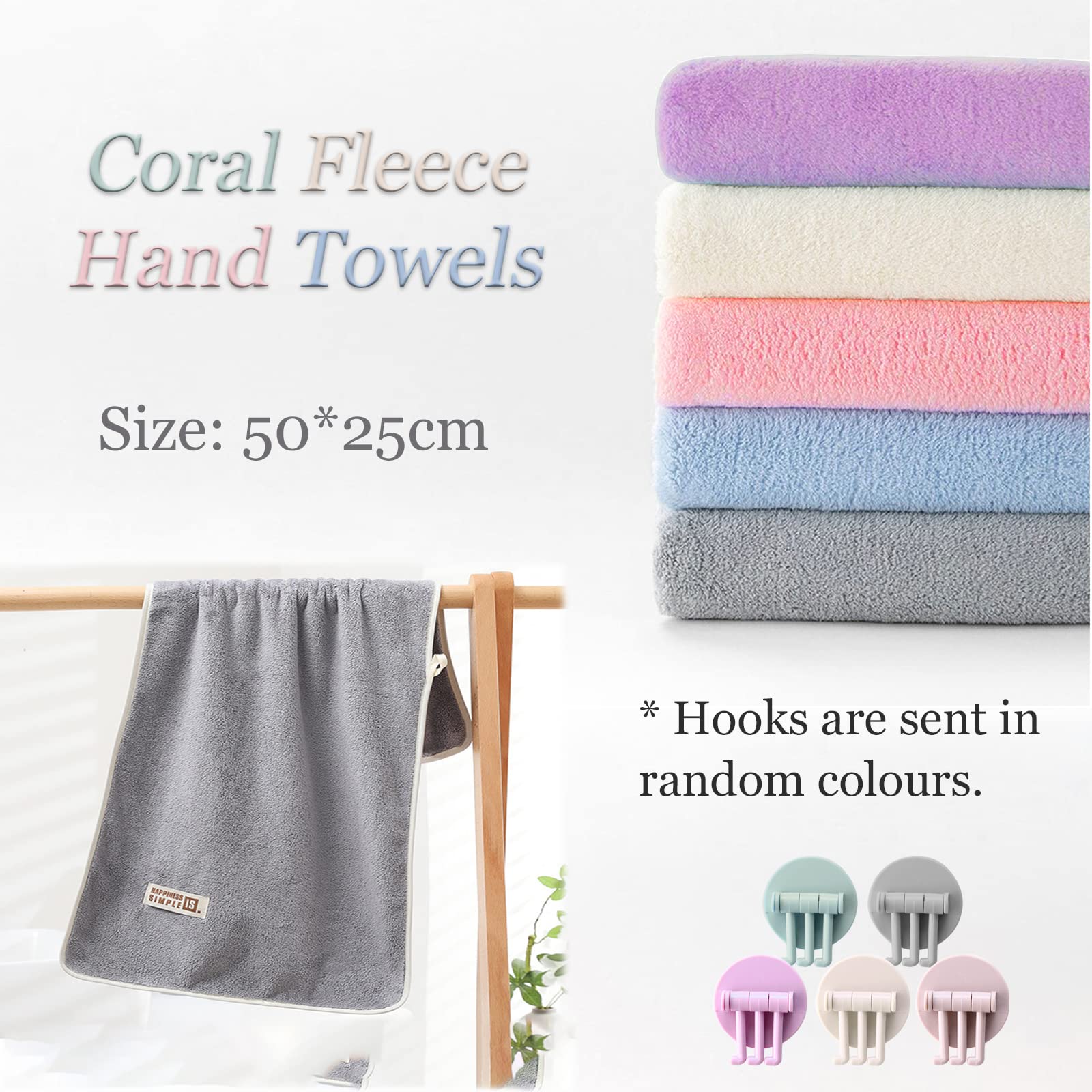 Ailelan Coral Fleece Small Hand Towels, 5 Towel Hooks 50x25CM Quick Dry