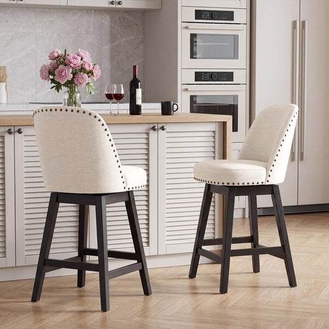Bar Stools Set of 2, 360° Swivel Counter Stools with Upholstered Seat, Wooden Frame & Nailhead Trim