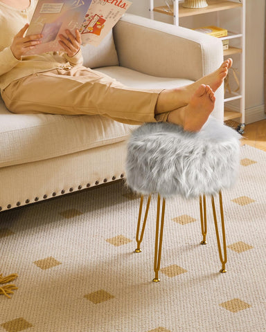 IBUYKE Round Faux Fur Vanity Stool with Storage, Makeup Chair, Gray WBD021G