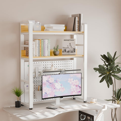 Boltmol 2-Tier Desk Shelf With Concealed Screws Design,Beige 75CM, Desktop Organizer With Pegboard, Countertop Storage Bookcase For Home