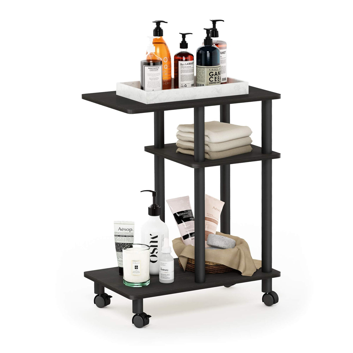 Furinno TURN-N-TUBE Side Table, 3-Tier C-Shape End Table with Wheels, Toolless Assembly Night Stand, Bedside Table with Open Shelf, for Living Room