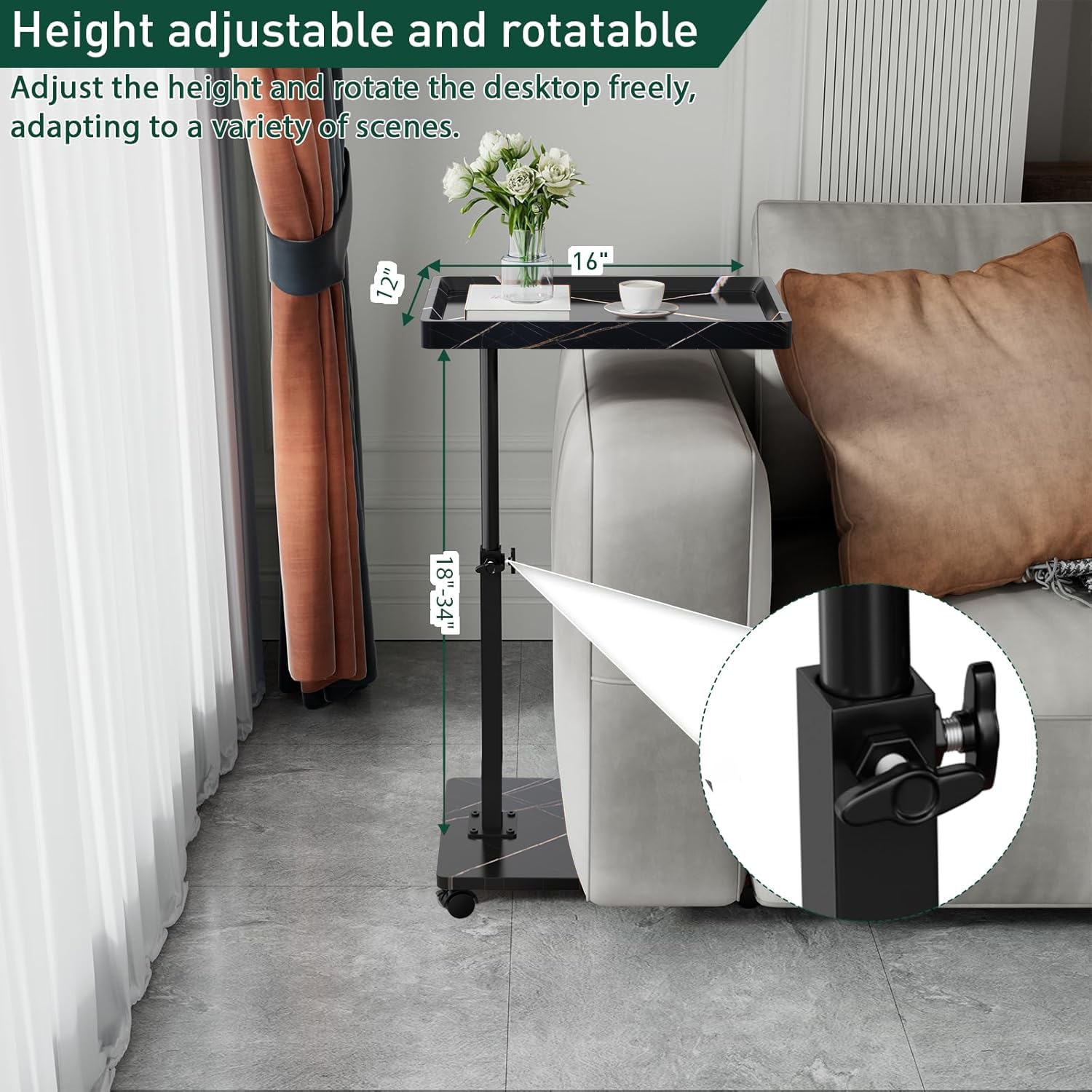 XNSDXV C Shaped Side Table Adjustable Height, 360°Swivel Bedsides Tables With Wheels, End Table for Small Spaces, Sofa Side Tables For Living room