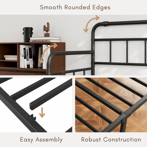 QFtime Metal Day Bed Frame with Headboard - Single Bed Frame with Underbed Storage and Steel Slat Support - Easy Assembly, Noise Free Black