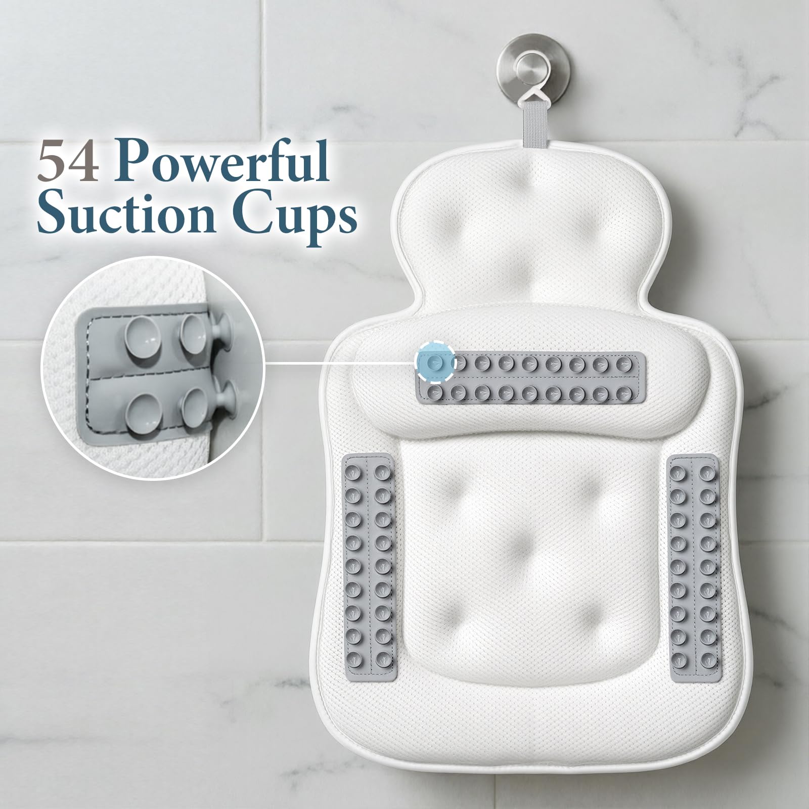Bath Pillows for Tub, Comfortable Bathtub Cushion for Head and Neck with Soft 3D Mesh Fabric and 54 Non-Slip Suction Cups
