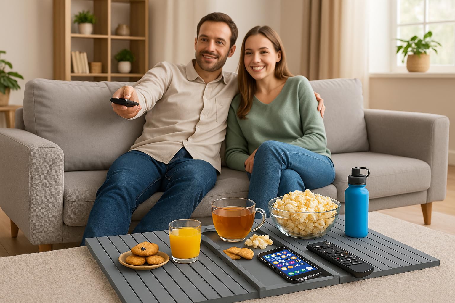 Naturebuz 2-in-1 Wooden Sofa Tray Table with Detachable Tray Bamboo Armrest Table Non-Slip fCups, Remotes, Bottles, Food, Drinks and Phones (Grey)