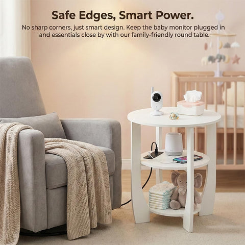 ZEXVIDA 3 Tier Round Side Table with Charging Station, Farmhouse Wood End Tables with Storage