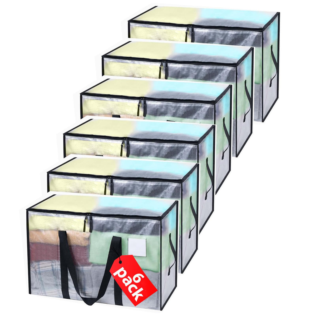 Clothes Storage Bags with Lids, 6 Pack Heavy-Duty Moving Bags for Moving, Clothes Storage, Laundry Bag, Packing, House Solutions（Transparent ）
