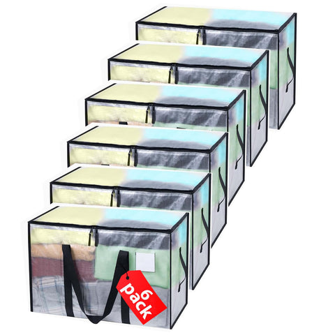 Clothes Storage Bags with Lids, 6 Pack Heavy-Duty Moving Bags for Moving, Clothes Storage, Laundry Bag, Packing, House Solutions（Transparent ）