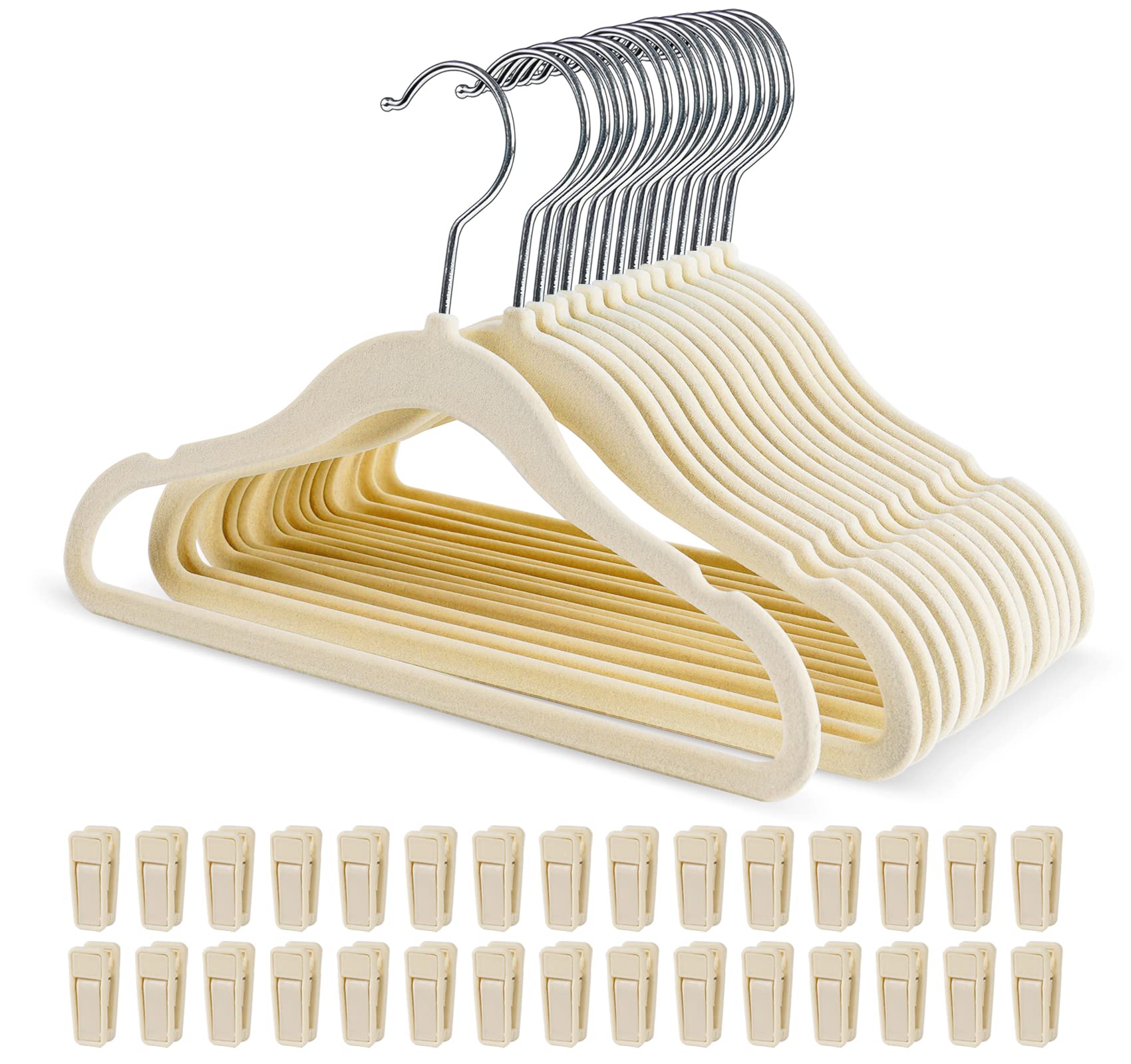 HOUISM Kids Velvet Hangers with 30 Finger Clips Ivory, Non-slip Children Clothes Hangers