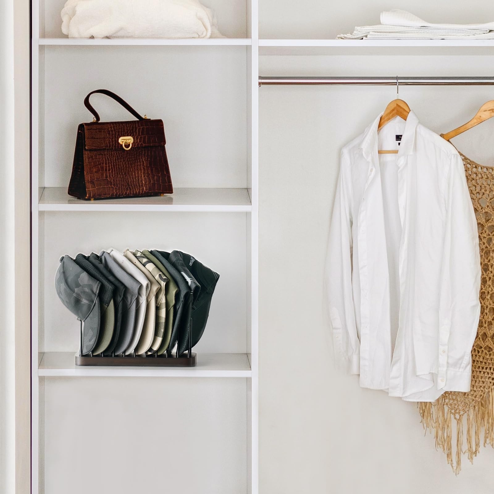 Mkono Hat Organizer and Display Stand for 10 Caps - Tabletop Storage Rack for Desk, Closet, Shelf, Dresser