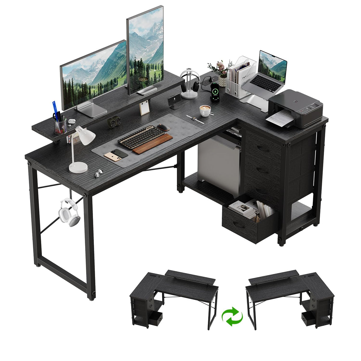 JUMMICO L Shaped Desk with 4 Drawers,140x80cm Computer Corner Desks with Power Outlets & USB Charging Port