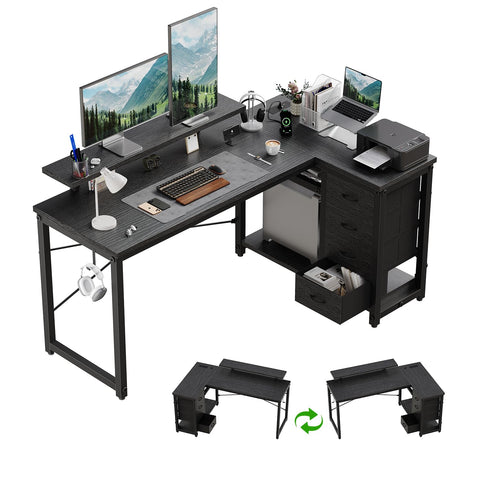 JUMMICO L Shaped Desk with 4 Drawers,140x80cm Computer Corner Desks with Power Outlets & USB Charging Port