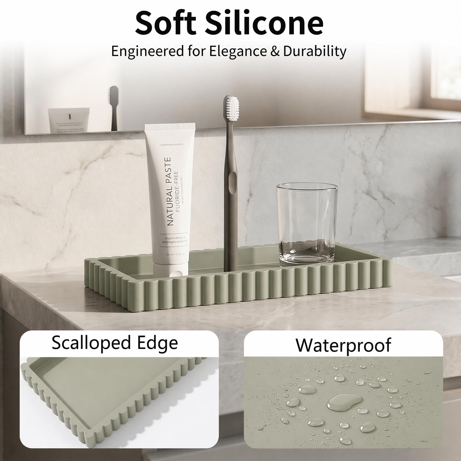 Vanity Tray, Bathroom Tray 24 x 10 cm Toilet Storage Trays, Non-Slip Silicone Decorative Trays