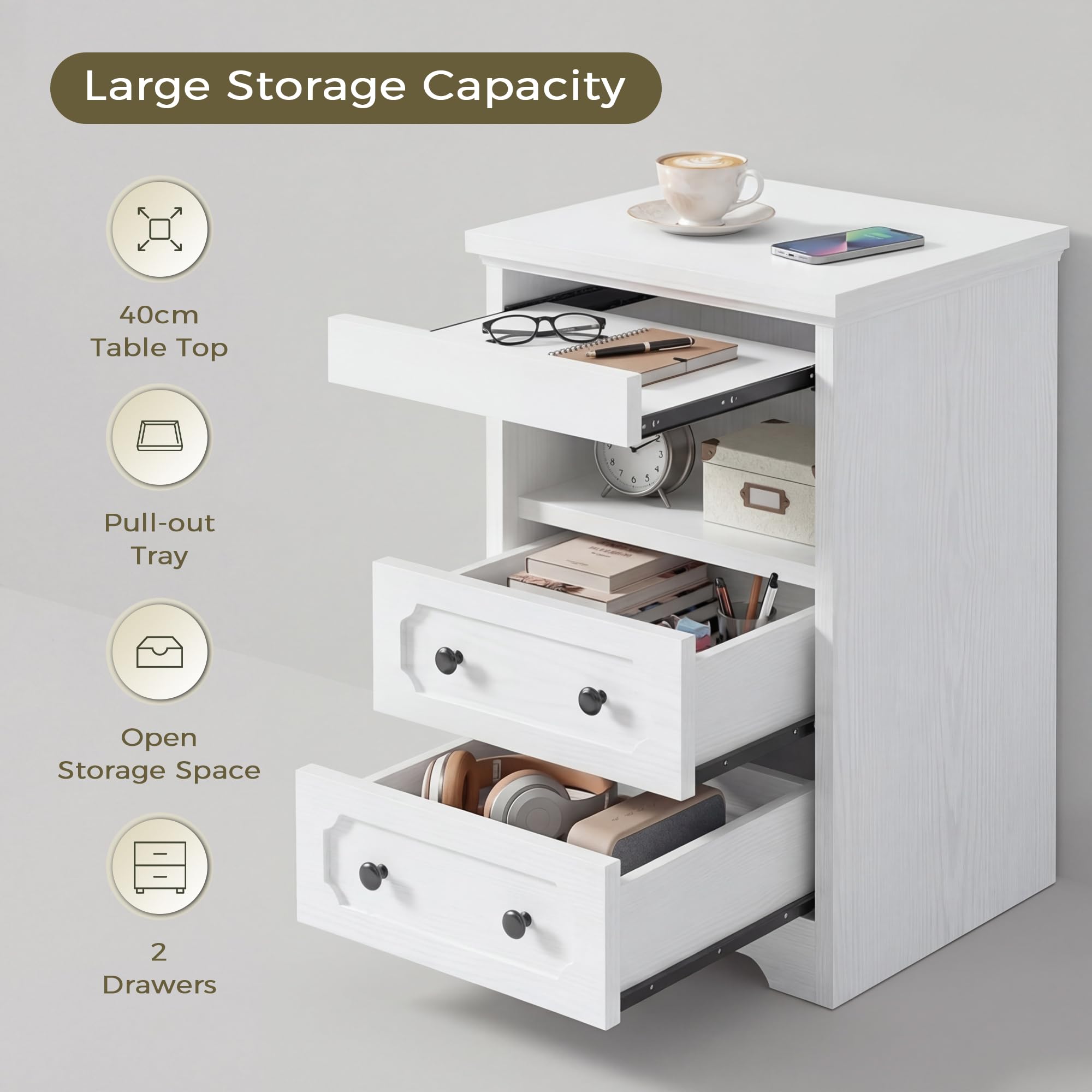 IRONCK Bedside Table with 2 Drawers, Modern Nightstand with Open Shelf, End Table with Pull-Out Tray for Bedroom, Living Room, White