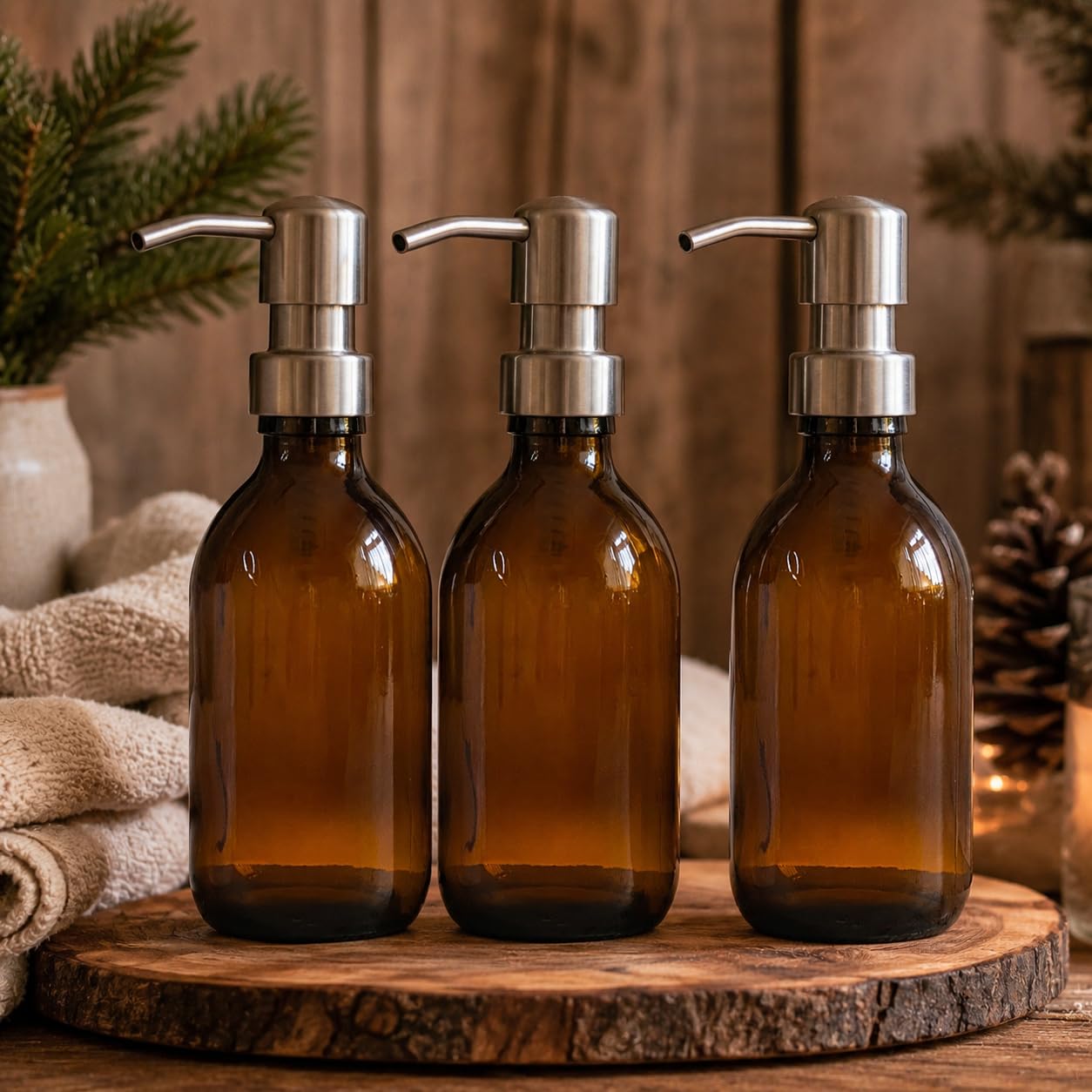AVALON 250ml Amber Glass Soap Dispenser Bottles with On Trend Metallic Pump - Empty Refillable Containers for Liquid Soaps, Lotions, and More